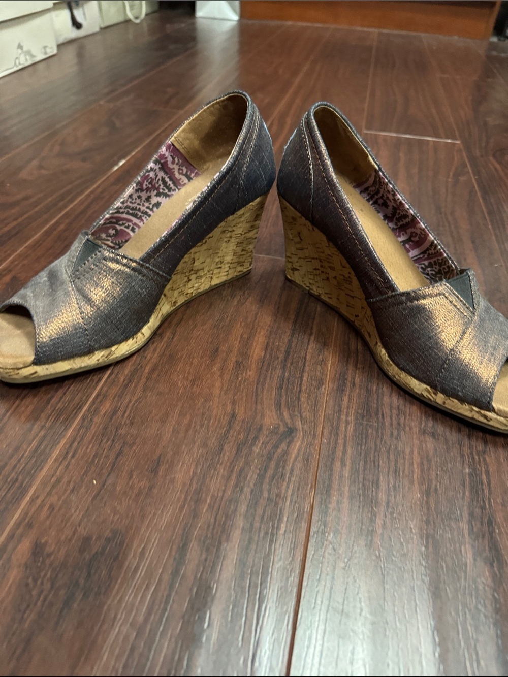 Toms Metallic Pewter Peep-Toe Wedge Sandals - Picture 4 of 4